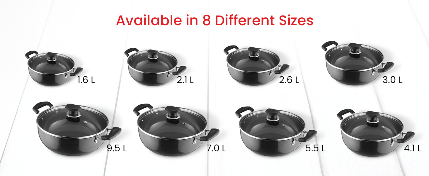 Collection of black cooking pots or vessels arranged in rows, showing different sizes ranging from approximately 4L to 8L capacity.