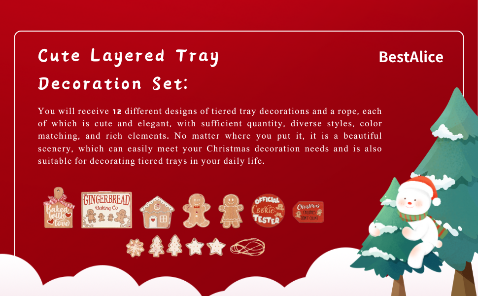 Product advertisement for BestAlice Cute Layered Tray Decoration Set, featuring various Christmas-themed decorative elements on a red background.