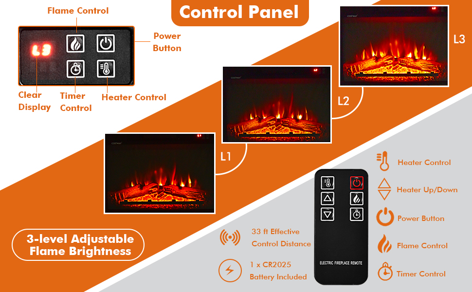 COSTWAY Electric Fireplace TV Stand for TVs Up to 65 Inches