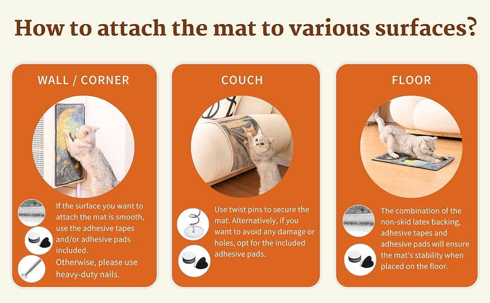 Methods to attach Furrther sisal scratching mat to walls, floor, couch