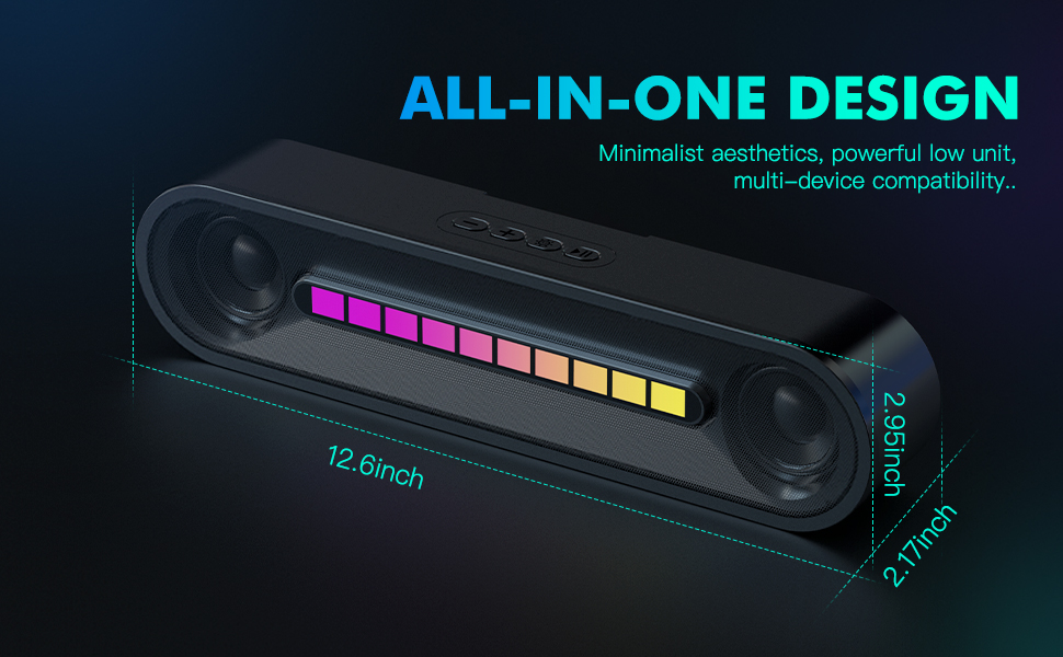 Black soundbar with LED light strip displaying rainbow colors. Technical diagram shows 12.6-inch width and features 'ALL-IN-ONE DESIGN' text.