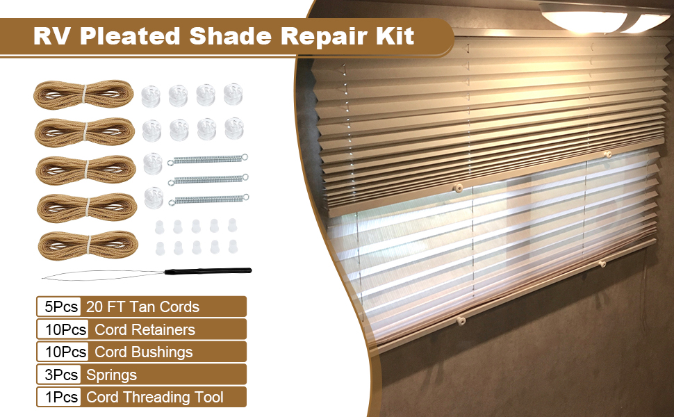 Aupoko RV Pleated Shade Repair Kit includes Five 20 FT Cords, Ten Cord Retainers