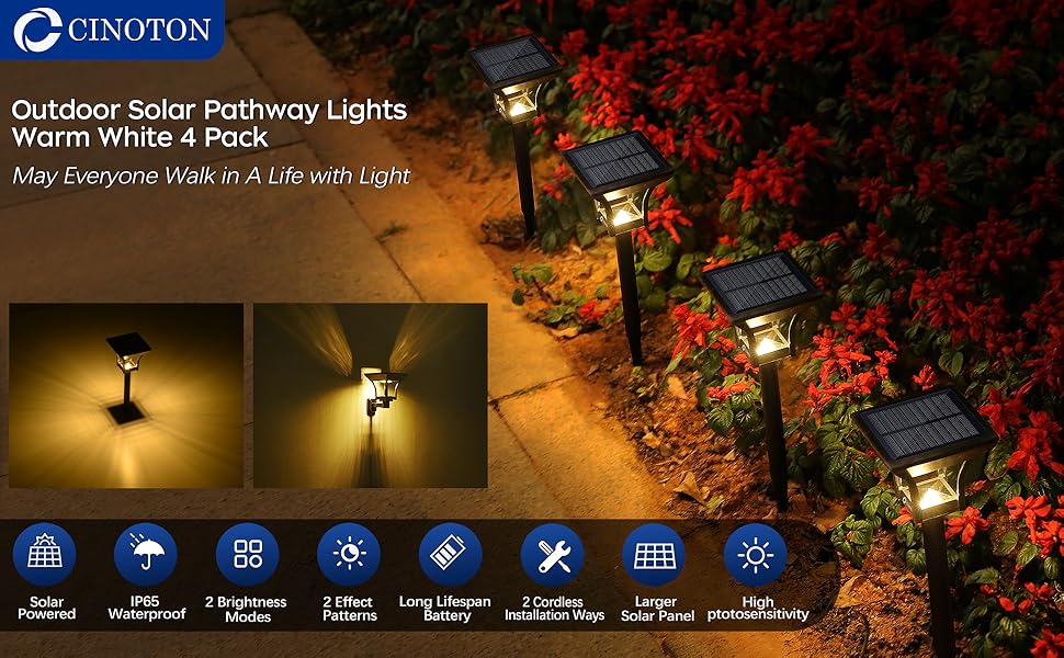 CINOTON Outdoor Solar Landscape Pathway & Wall Lights with 2 Brightness