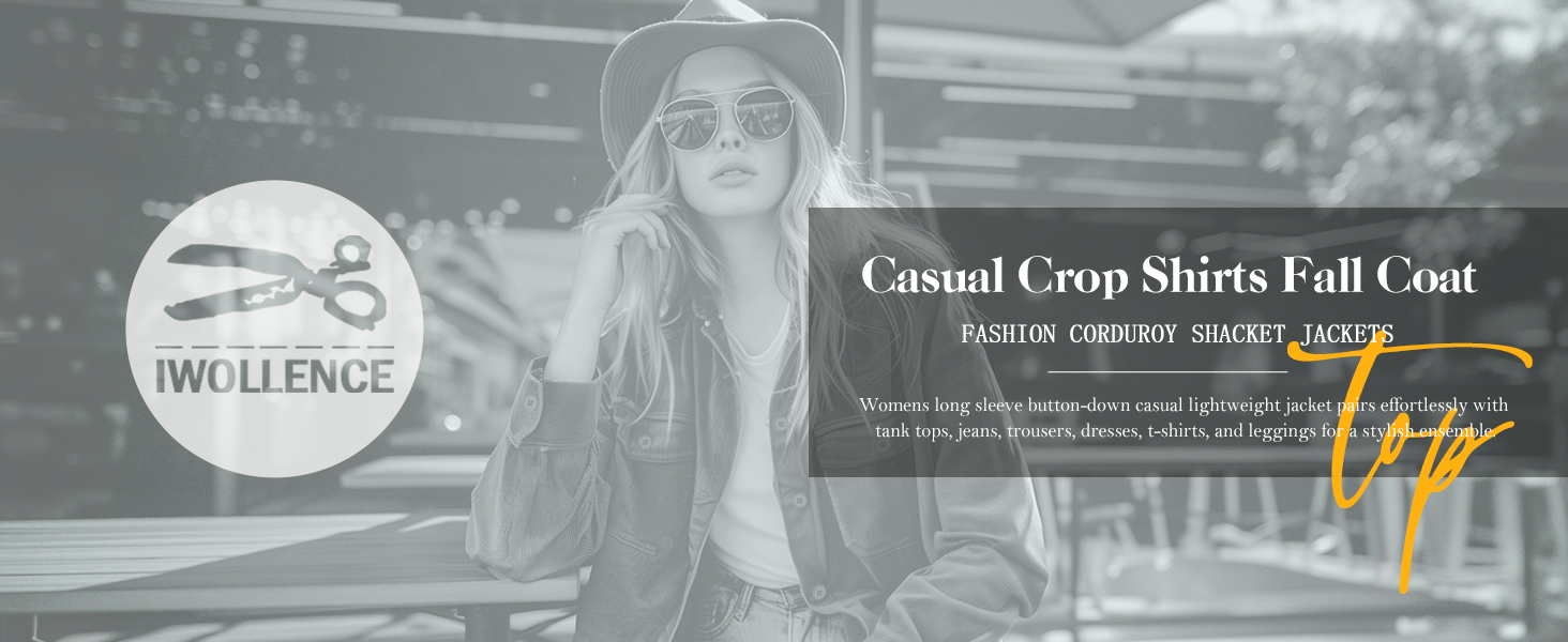 Marketing banner for casual crop shirts and full coats, featuring blurred background image of a woman in sunglasses and hat.