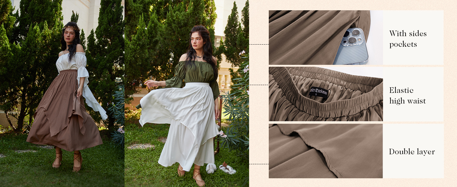 SCARLET DARKNESS Women’s Renaissance Maxi Skirt Elastic High Waist Double Layered Swing Skirt Vintage Pirate Tiered Skirts with Pockets 10 Maxi Skirt