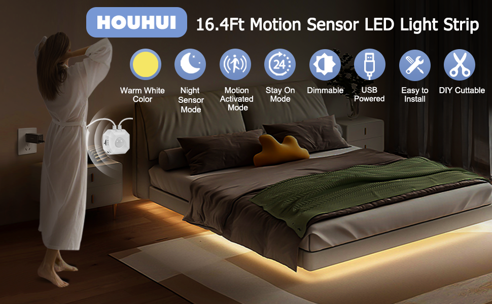 HOUHUI Motion Sensor Light Indoor Under Bed Lights, 16.4Ft Dimmable