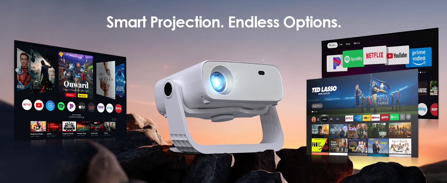 Text reads 'Smart Protection, Endless Options.' Series of screens showing streaming service interfaces and projector display options with various entertainment apps.