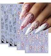 Black White Pink Vine Flowers Nail Art Stickers 3D Self-Adhesive Leaves Lines French Flower Vine ...