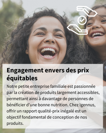 Deux femmes rient à l'extérieur. Le texte ci-dessous traite de la tarification équitable et de l'accessibilité des produits nutritionnels par une petite entreprise familiale.