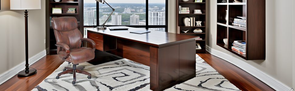 A modern office space with a sleek desk and the product chair in the center, surrounded by bookshelv