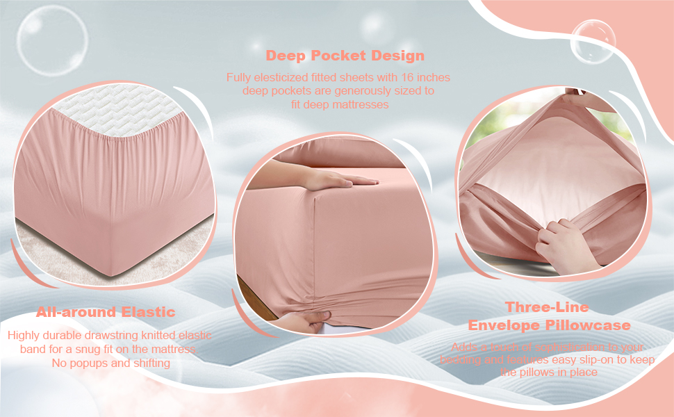 Full Fitted Sheet with 2 Pillowcase Soft Microfiber Sheet Set 16" Deep Pocket Bed Sheets, Wrinkle Free and Easy Care Bottom Sheet for Full Size Bed, Pink 5 pink bottom sheet