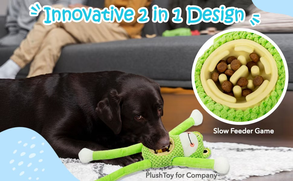 plush dog toy with slow feeder dog bowl