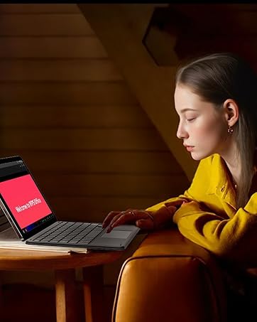 Person in yellow sweater using laptop with red screen display, seated on brown leather couch in dimly lit room.