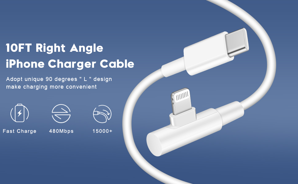 right angle iphone charger cable 10ft