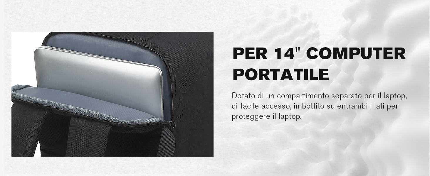 Primo piano di una custodia o borsa per laptop con scomparto imbottito. La custodia ha una parte visibile color argento, in contrasto