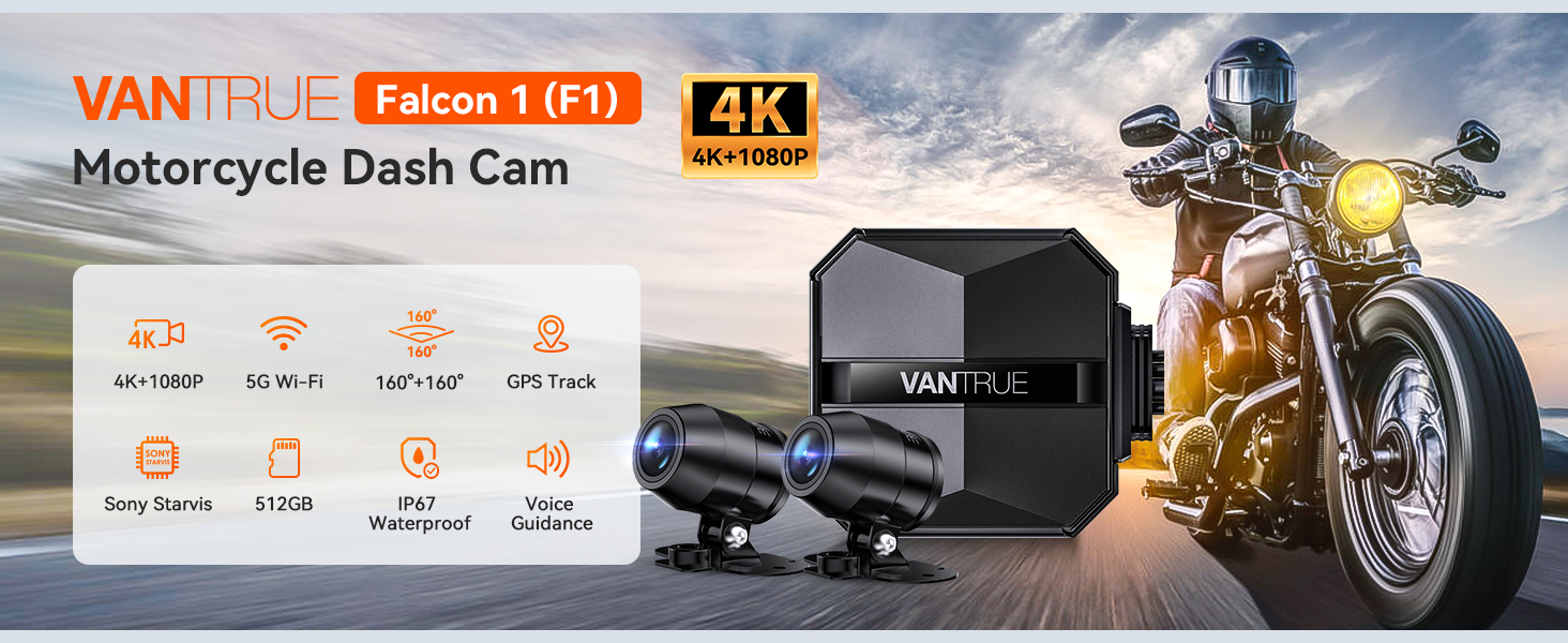 Vantrue F1 Motorcycle Dash Cam Front and Rear, 4K+1080P Dual GPS WiFi