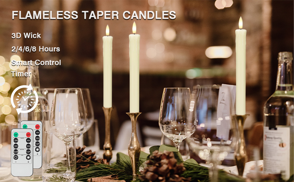 Flameless Taper Candles with 3D Wick, Dripless Real Wax LED Candles with 2 Remote