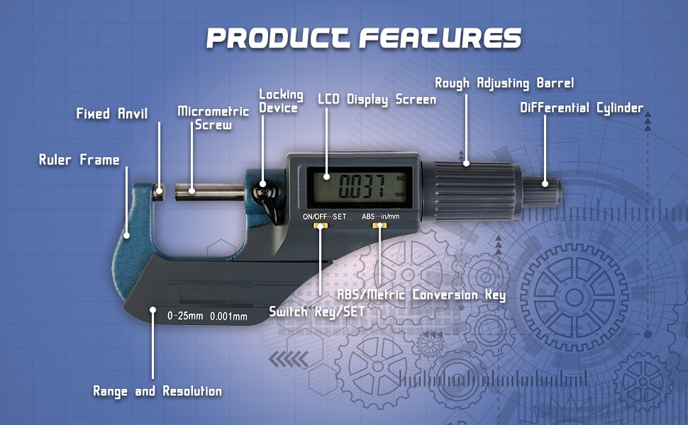 MAVOTANK Digital Outside Micrometer Electronic Micrometer Gauge 0.25 Mm