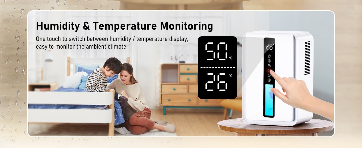 Digital humidity and temperature monitor displaying 50.0 and 26 degrees. White device with large LCD screen and blue humidity indicator bar. Monitors indoor climate conditions.