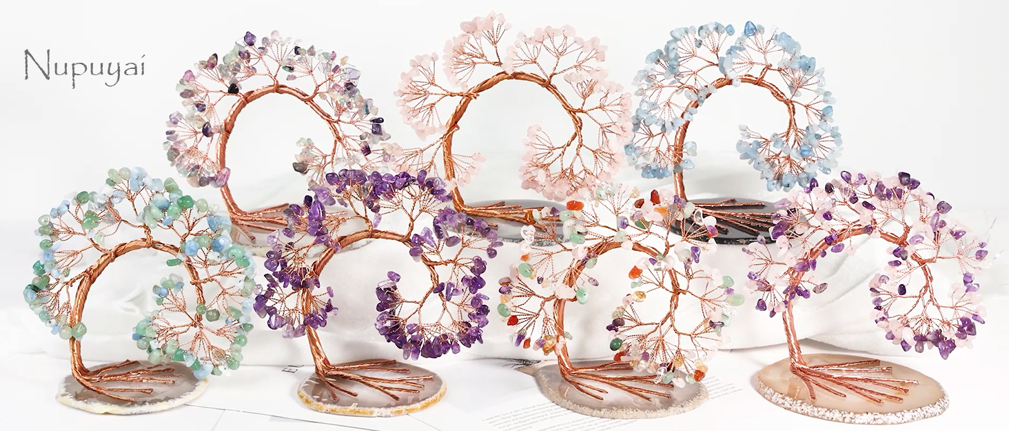 Nupuyai Fluorite Tree with Agate Slice Base, Money Tree Figurines Fengshui Ornament for Home Office Wedding Decoration 8 Nupuyai Leaning Crystal Tree with Agate Slice Base