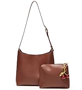 Reddish brown shoulder bag and pouch set for women with cherry pendant accessory