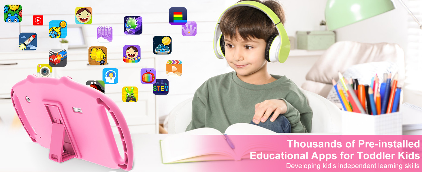 Child using tablet in pink protective case with handle. Surrounding icons represent educational apps for toddlers.