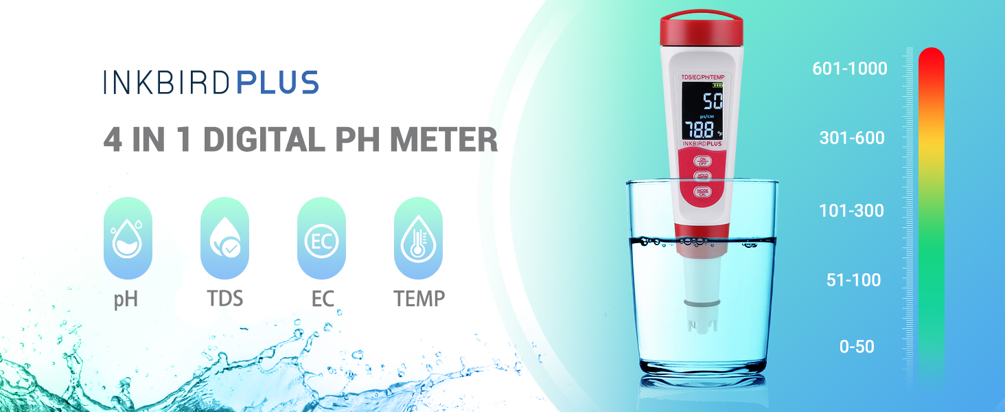 INKBIRDPLUS pH Meter, Digital 4 in 1 PH EC TDS Temp Meter for Water