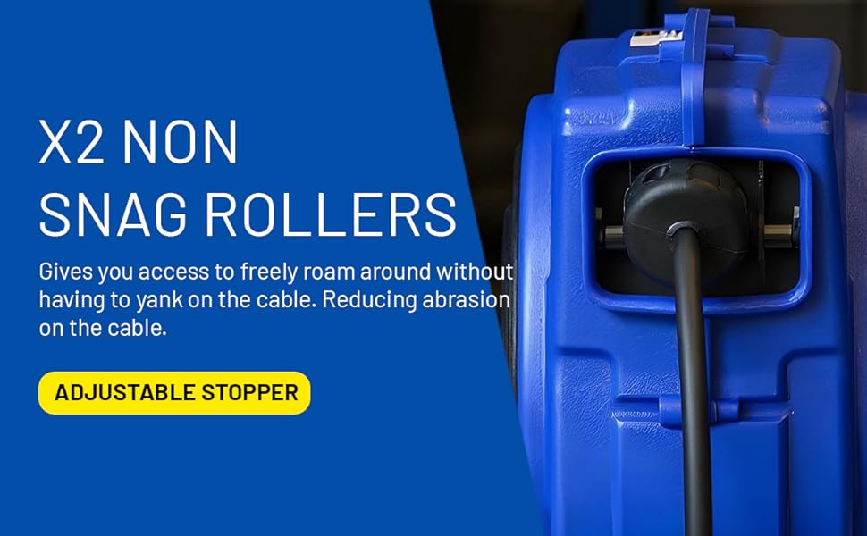 Text reads: 'X2 NON SNAG ROLLERS Gives you access to freely main around without having to park on the cable. Reducing abrasion on the cable. ADJUSTABLE STOPPER'. Blue plastic roller mechanism.