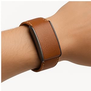 Close-up of WHOOP 5.0 LeatherLuxe strap and titanium hardware