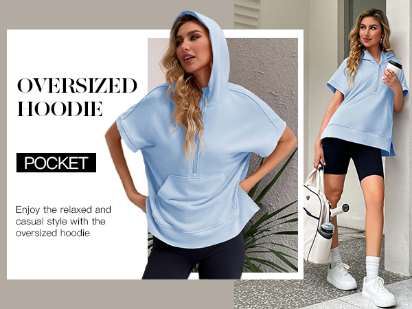 トップス double zip short hoodie Fisoew Womens Oversized Half Zip Hoodies Short Sleeve Casual