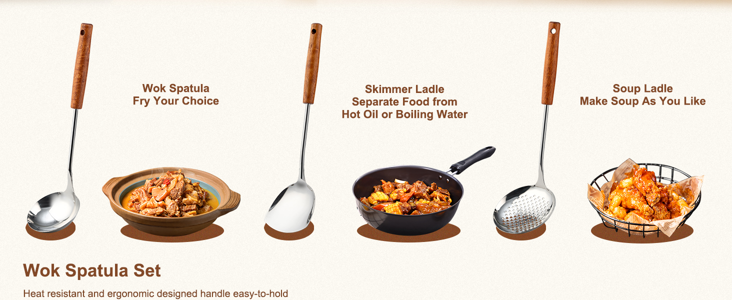 FJNATINH Wok Spatula ,Ladle ,Skimmer Ladle Tool Set