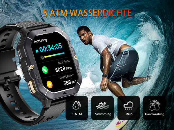 Wasserdichte Smartwatch mit farbigem Display, das Zeit- und Fitnessstatistiken anzeigt. Das Hintergrundbild eines Surfers, der auf einer Welle reitet, zeigt eine Wasserdichtigkeit von 5 ATM