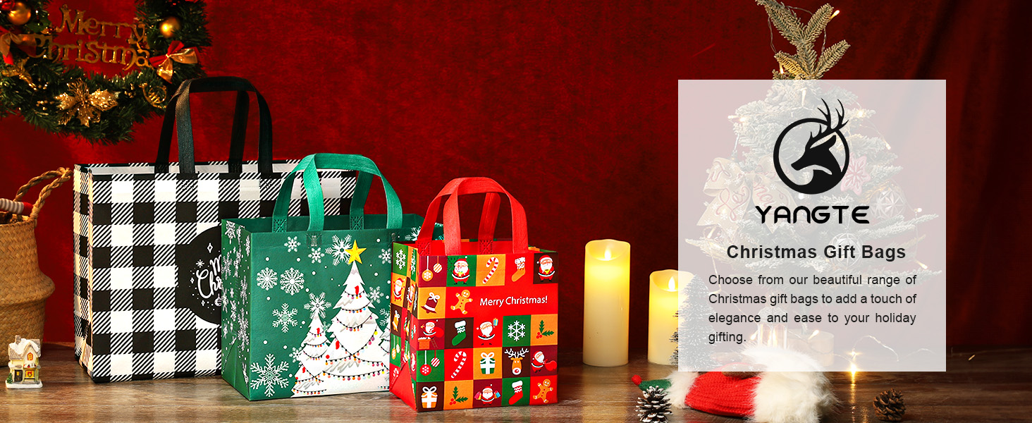 Holiday gift bags in buffalo check, green, and red patterns featuring Christmas designs, displayed with candles and product information.