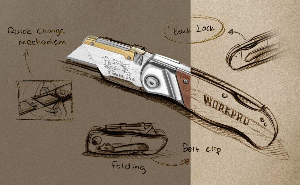 WORKPRO Folding Utility Knife Wood Handle Heavy Duty Cutter with Extra