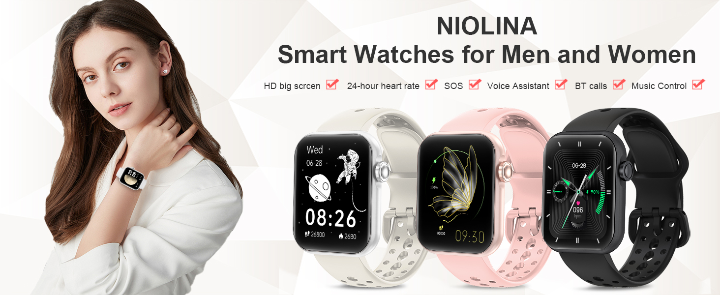 Display of smart watches in multiple colors including white, black, and pink, featuring digital watch faces and silicone straps.