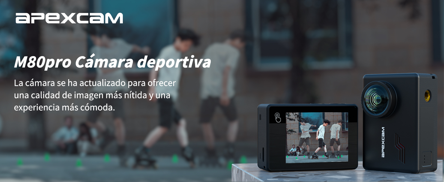 Pantalla de cámara deportiva Apexcam M80pro que muestra la interfaz del dispositivo en la pantalla LCD con