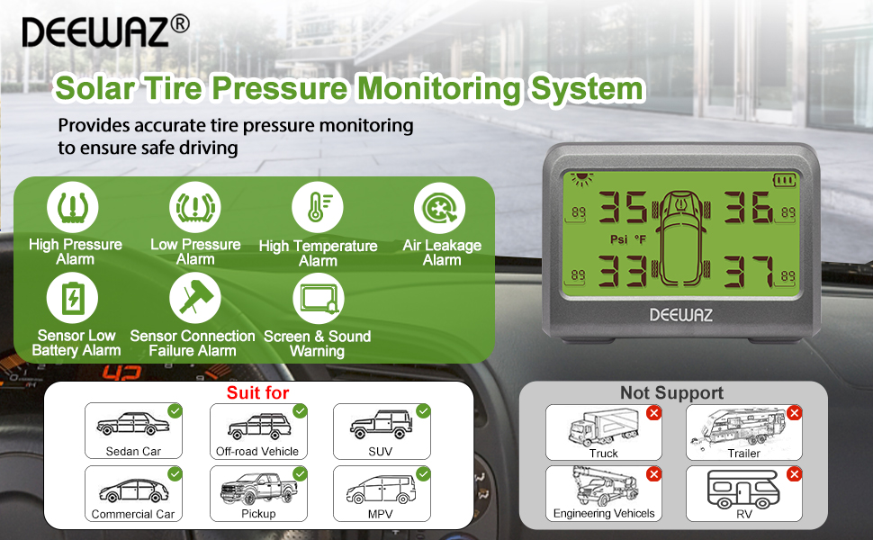 Tire Pressure Monitoring System,DEEWAZ MY66 Solar TPMS, Tire Pressure