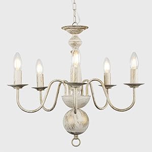 5 Way Flemish Style Ceiling Light Chandelier Fitting in a Shabby Chic Distressed White Finish