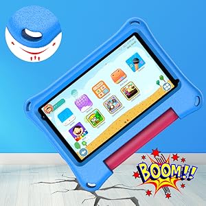 Tablet in blue protective case displaying colorful app icons. Shark-shaped toy nearby. 'BOOM!!' graphic suggests child-friendly, durable design.