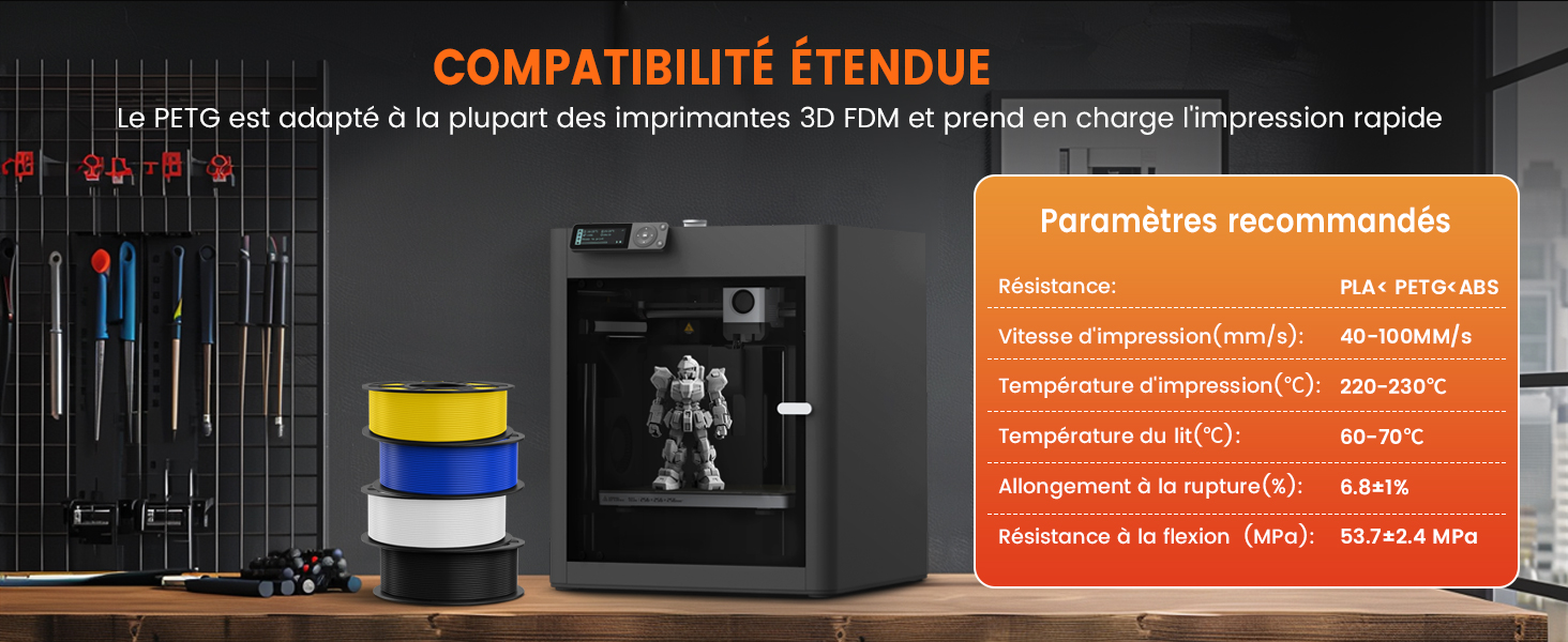 avec façade ouverte montrant un objet jaune à l'intérieur. Le panneau orange adjacent affiche les paramètres recommandés en français, notamment les plages de température et de vitesse d'impression.