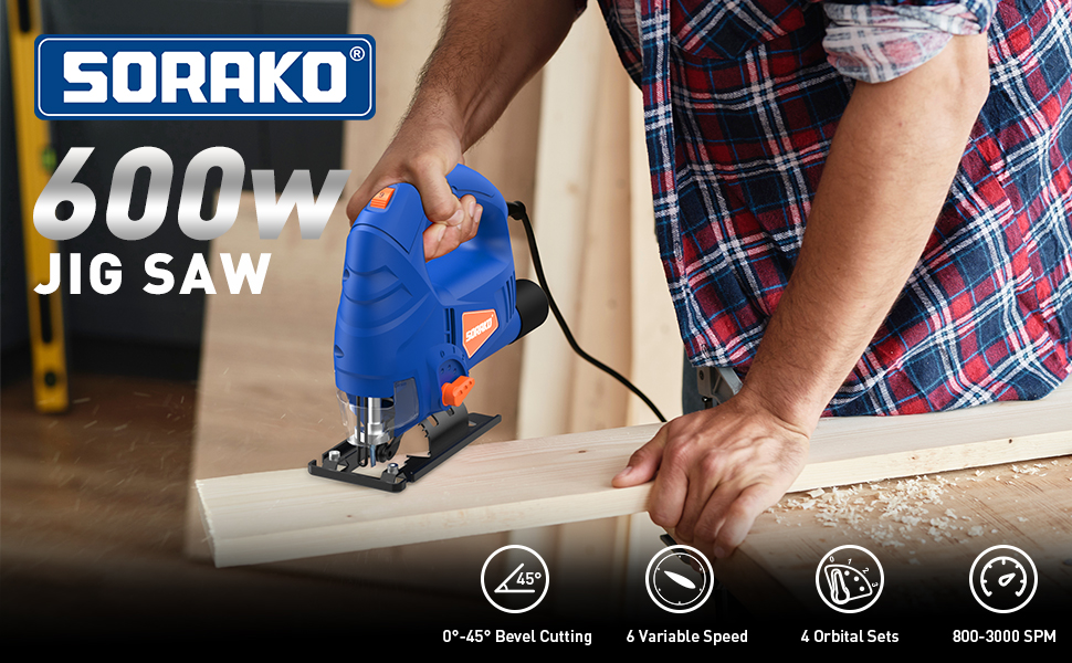 SORAKO Jigsaw, 600W Electric Jigsaw Tool, 800-3000SPM