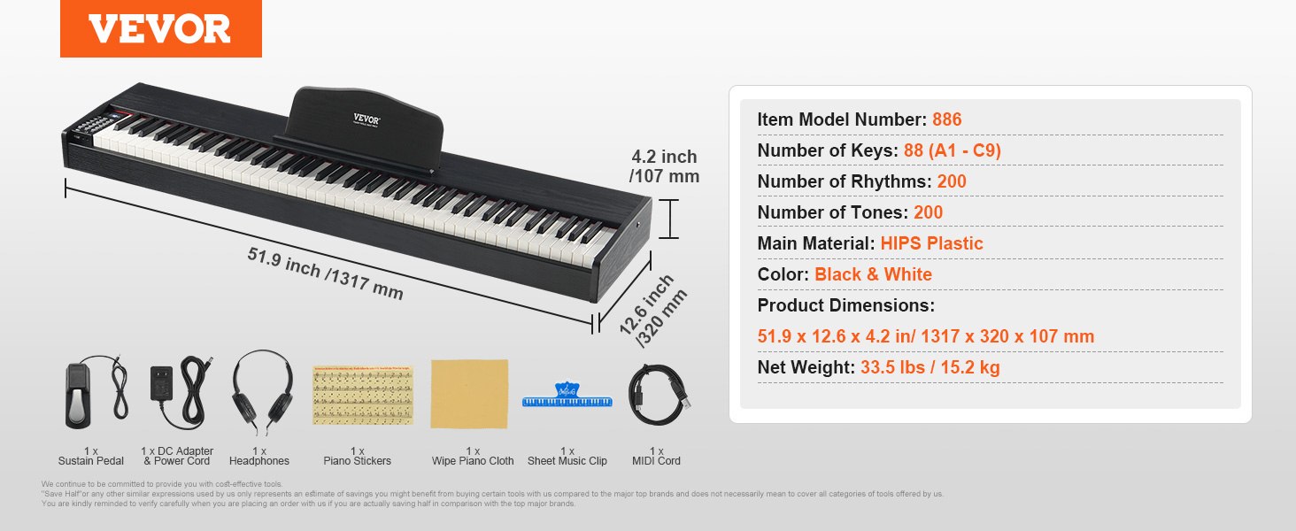 VEVOR Weighted Digital Piano, 88 Key Electric Piano, Fully