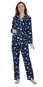GLOBAL Schlafanzüge Damen Flanell | Baumwolle Damen Pyjama Set | Zweiteiliger Nachtwäsche Damen Pjs