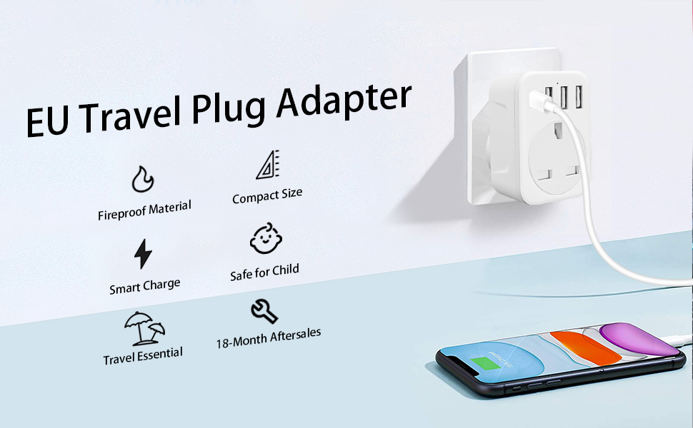 UK to European Plug Adapter ARCELI Travel Plugs UK to EU with 3 USB