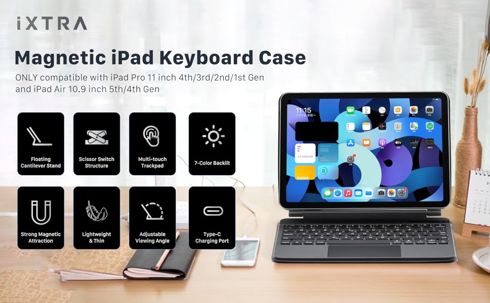 iXTRA Keyboard Case for iPad Air 11 inch M2 2024, iPad Pro 11