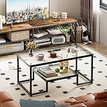 Wolawu Coffee Table Black Glass Coffee Table for Living Room
