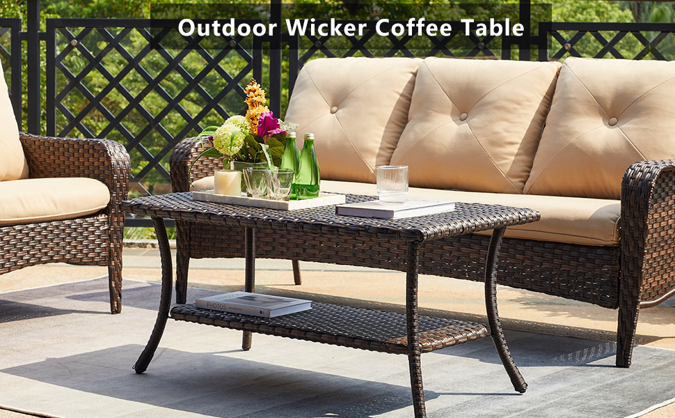 HUMMUH Wicker Patio Coffee Table,Rattan Outdoor Coffee Table with 2Layer Storage
