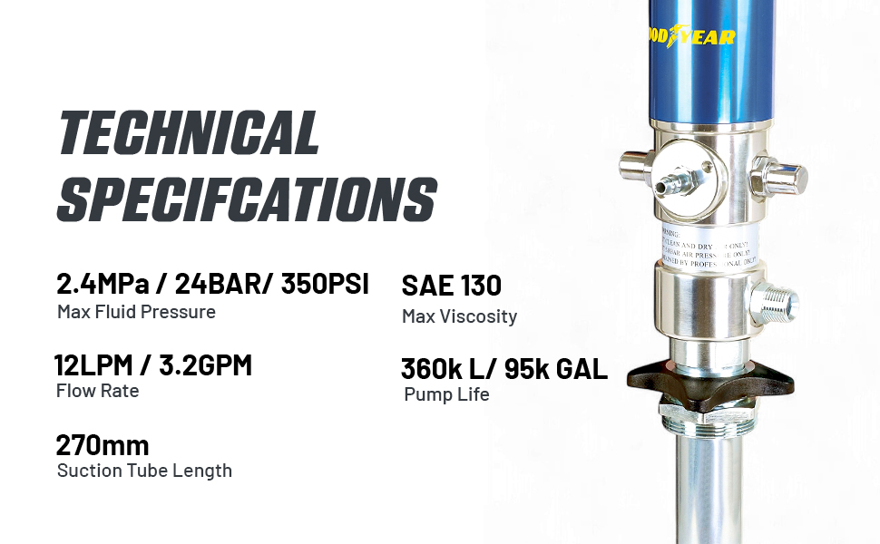 Text reads: 'TECHNICAL SPECIFICATIONS 2.4MPa / 24BAR/ 350PSI SAE 130, 12L/Min ≥ 2.0Pin 360K LF Gas GAL, 270mm Suction Tube Length'