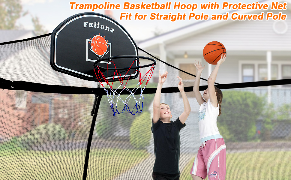 Trampolin-Basketballkorb mit Schutznetz, passend für gerade und gebogene Stangen