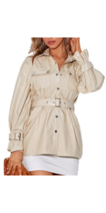 Omoone Women's Lapel Belted Leather Jacket Faux PU Snap Button Down Moto Trench Coat